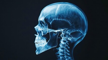X-ray image showcasing a human skull, detailed view of cranial structure, in a dark background