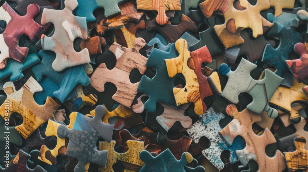 Poster A collection of differently shaped puzzle pieces fitting into a unified whole, Symbolizing the strength of diversity in problem-solving, photography style