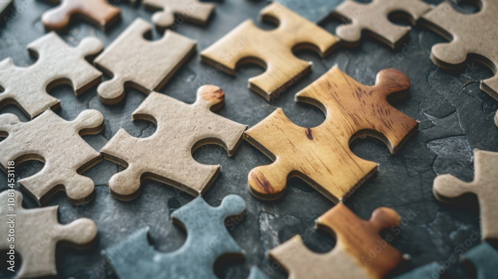 Poster a collection of differently shaped puzzle pieces fitting together perfectly, symbolizing the unity a