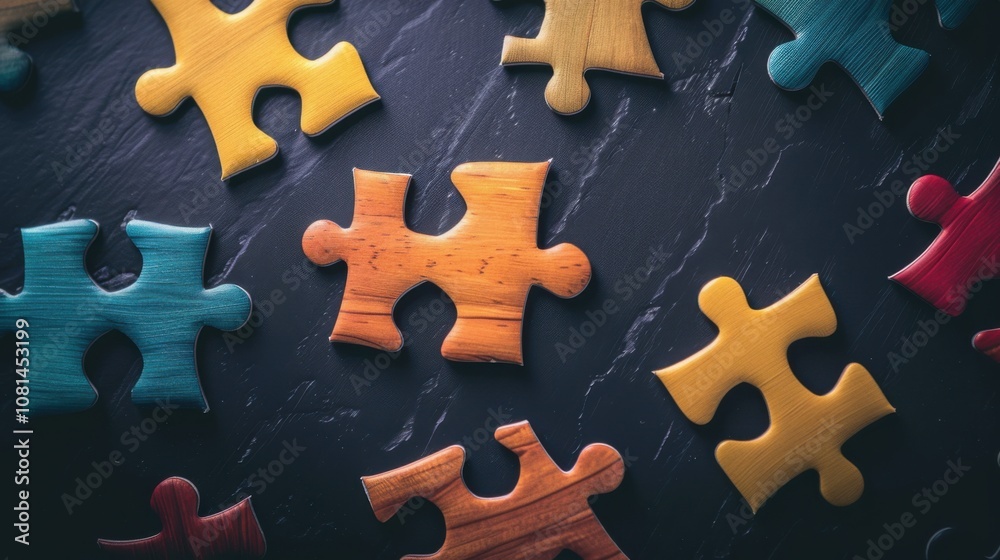 Poster a collection of differently shaped puzzle pieces fitting together perfectly, symbolizing the unity a