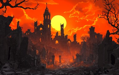 A desolate landscape featuring ruins against a dramatic sunset, evoking a sense of mystery and decay.