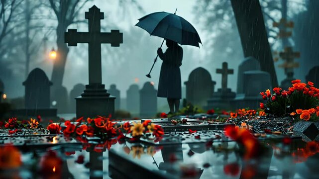 Rainy day at a cemetery with flowers and umbrellas, evocative and somber. Remembrance and grief concept. Design for memorial service announcement, condolence card.