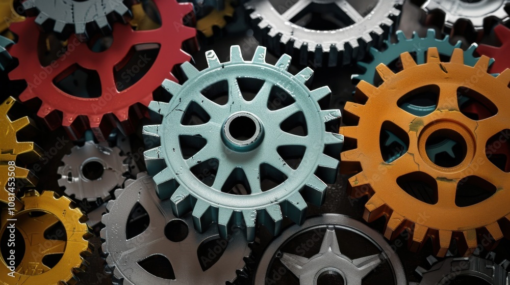 Poster a collection of gears in different colors and sizes working together smoothly, depicting the collabo