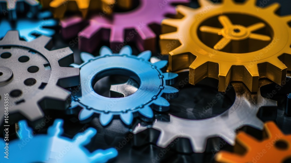 Poster A collection of gears in different colors and sizes working together smoothly, depicting the collaborative effort and efficiency of diverse teams, photography style