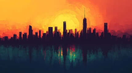 Obraz premium Urban skyline silhouette at sunset with pure color background, featuring high-rise buildings and skyscrapers against a vibrant sky, symbolizing modern city life and architecture.