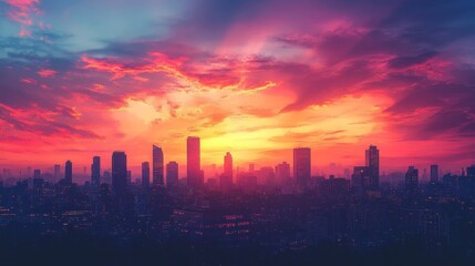 Fototapeta premium Urban skyline silhouette at sunset with pure color background, featuring high-rise buildings and skyscrapers against a vibrant sky, symbolizing modern city life and architecture.