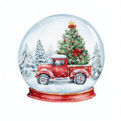 festive snow globe featuring red truck with Christmas tree, surrounded by snow covered trees, evoking holiday cheer and warmth