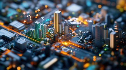 Obraz premium vibrant cityscape with illuminated buildings and intricate details, showcasing futuristic urban environment. scene captures essence of modern architecture and technology