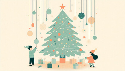 子どもたちがクリスマスツリーを飾り付けしているイラスト