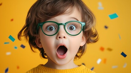 Excited and surprised young boy wearing glasses making a funny facial expression in a colorful studio with falling confetti in the background  The child s face is the main focus of the image