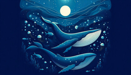 深海で泳ぐクジラのポップなイラスト