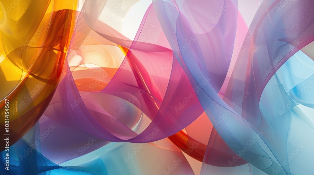 Poster A collection of overlapping abstract shapes in translucent layers, symbolizing the transparency and openness in diverse societies, photography style