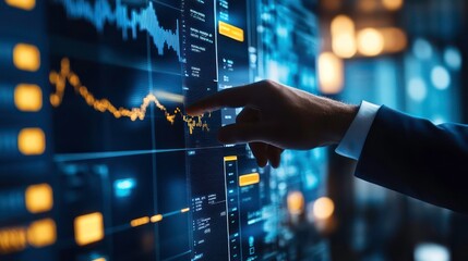With the flag of Aland Islands in the background, a businessman is touching a data analytics process system with KPI financial charts and dashboards of stock and marketing