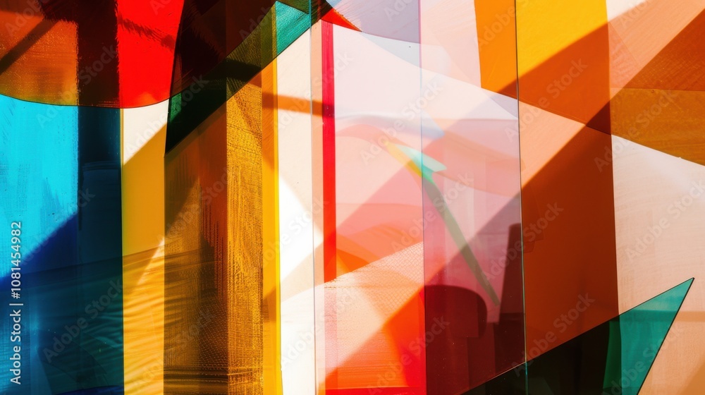 Poster a collection of overlapping transparent shapes in different hues, representing the vibrant and layer