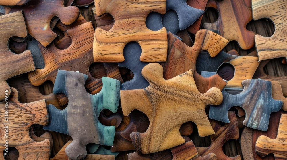 Poster A collection of puzzle pieces in varied shapes and sizes fitting together seamlessly, Illustrating the strength of inclusivity in solving complex challenges, photography style