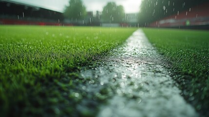A close-up of a white line on an artificial grass field with rain drops falling.