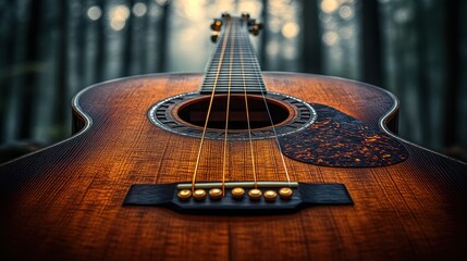 Obraz premium A close-up of an acoustic guitar in a forest setting.