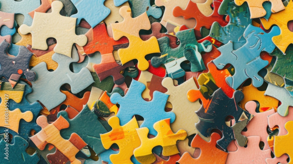 Poster A collection of puzzle pieces in varied shapes and sizes fitting together seamlessly, Illustrating the strength of inclusivity in solving complex challenges, photography style