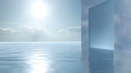 3D Render: Serene Ocean Meets Minimalist Structure, Gateway to Tranquil Horizon under Bright Sunlight