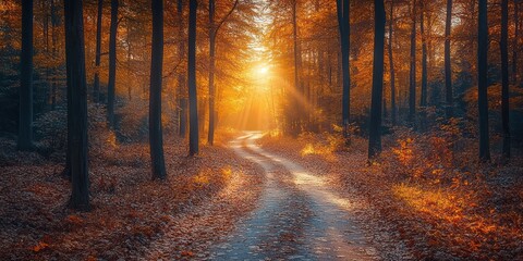 Fototapeta premium Sunbeams illuminate a winding path through a golden autumn forest.