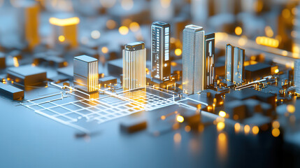 futuristic cityscape featuring illuminated skyscrapers and grid layout, showcasing blend of technology and urban design. vibrant lights create dynamic atmosphere
