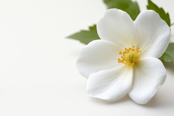 Obraz premium A white flower with a yellow center sits on a white background