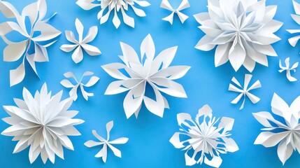 White paper snowflakes float above a blue background creating a wintry atmosphere perfect for seasonal celebrations or holiday crafts