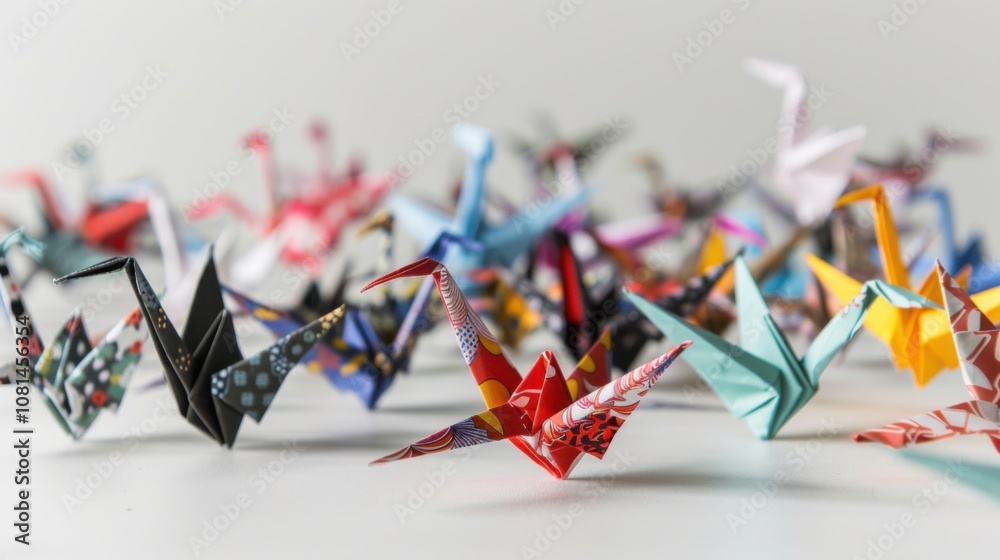 Poster A colorful array of origami cranes in various patterns and colors perched on a minimalist white table, Symbolizing the delicate and intricate beauty of diverse contributions coming together