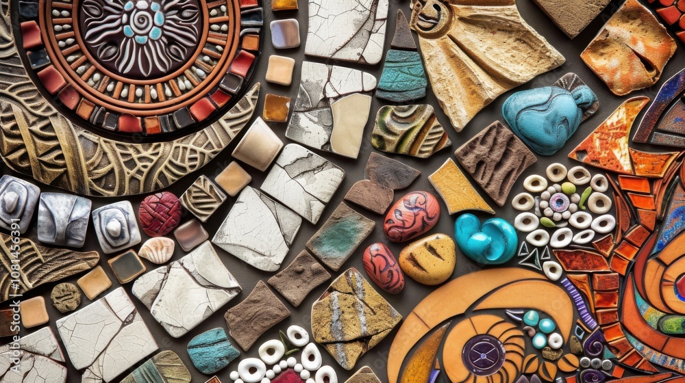 Poster a collection of various cultural symbols converging into a harmonious mosaic, representing the richn
