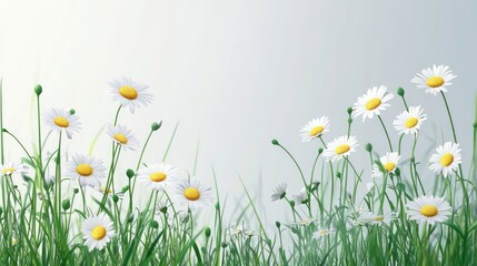 Fototapeta premium A field of white daisies growing in green grass with a blue sky and sun shining in the background.