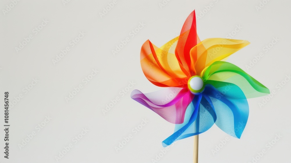 Poster a colorful pinwheel on a solid white background symbolizing the dynamism of diversity, highlighting 