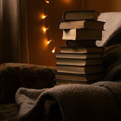 Cozy reading nook with a stack of books, a warm blanket, and soft lighting