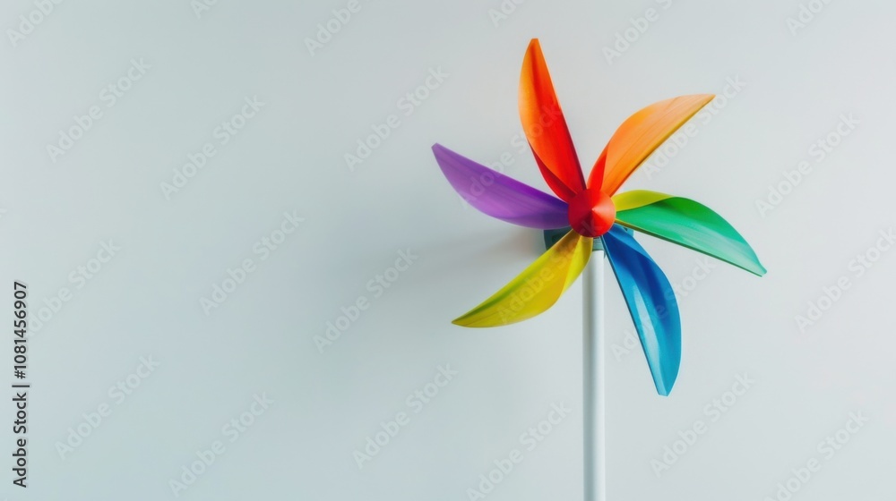 Poster a colorful windmill on a plain white background representing renewable energy and sustainability, em
