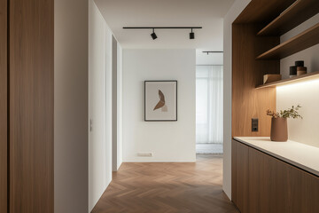 Blank poster mockup on a wooden shelving unit background. 3D Rendering