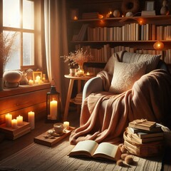 Cozy reading nook with a stack of books, a warm blanket, and soft lighting