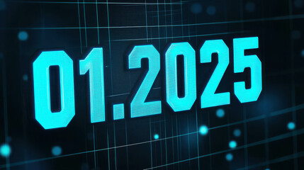 Futuristic Digital Design Featuring a Date Display of 01.2025 in Neon Blue, Highlighting Technology and Innovative Graphic Elements for Contemporary Visual Needs