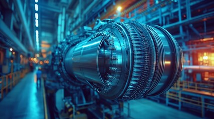 Fototapeta premium High tech power turbines are surrounded by engineers and mechanical equipment in energy production facilities, with a futuristic cool blue and silver tone, and engineers working in the background