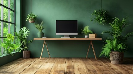 Bright open office with computer screen on desk, modern minimalist decor, blank wall on right, high-quality 3D rendering