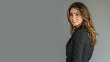 Obraz premium French business woman in suit blazer isolated on gray, lawyer secretary