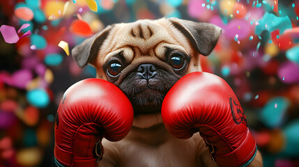 Pug Puppy Boxer Wearing Red Gloves in Festive Confetti Celebration