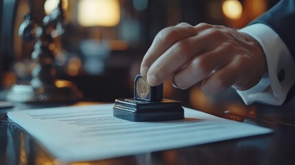 Businessman hand stamping document with rubber stamp on desk, close-up of hands using stamp for paperwork, symbolizing trust and official documentation, selective focus in office environment.
