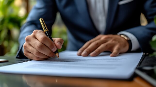 Businessman hand stamping document with rubber stamp on desk, close-up of hands using stamp for paperwork, symbolizing trust and official documentation, selective focus in office environment.