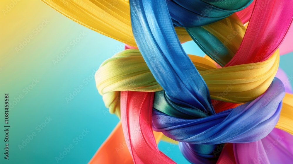 Poster A conceptual image of colorful ribbons intertwining into a unified knot against a gradient backdrop, Signifying unity in diversity, photography style