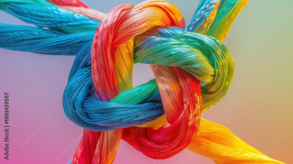 Poster a conceptual image of colorful ribbons intertwining into a unified knot against a gradient backdrop,