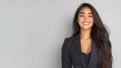 Fototapeta premium Malay business woman in suit blazer isolated on gray, lawyer secretary