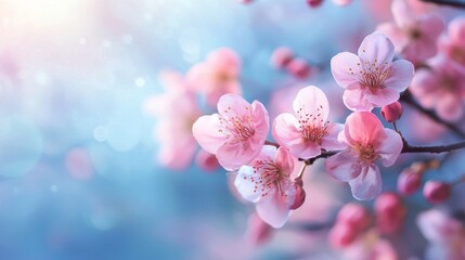 Obraz premium Beautiful pink cherry blossom flowers in soft sunlight