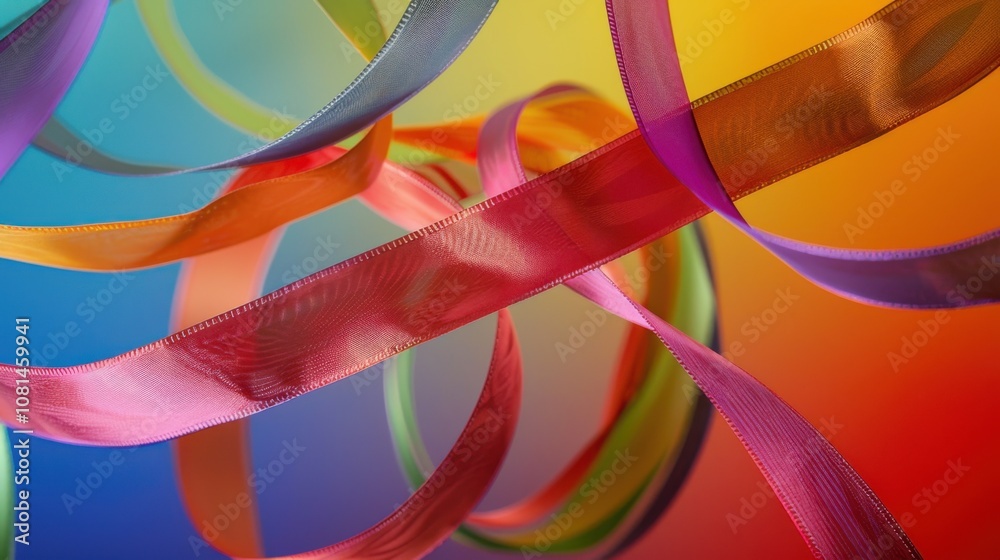 Poster A conceptual image of colorful ribbons weaving into a unified tapestry against a gradient backdrop, Signifying unity in diversity, photography style