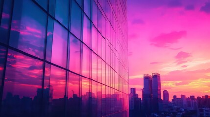 A vibrant pink and purple sunset reflected in the glass facade of a modern skyscraper.