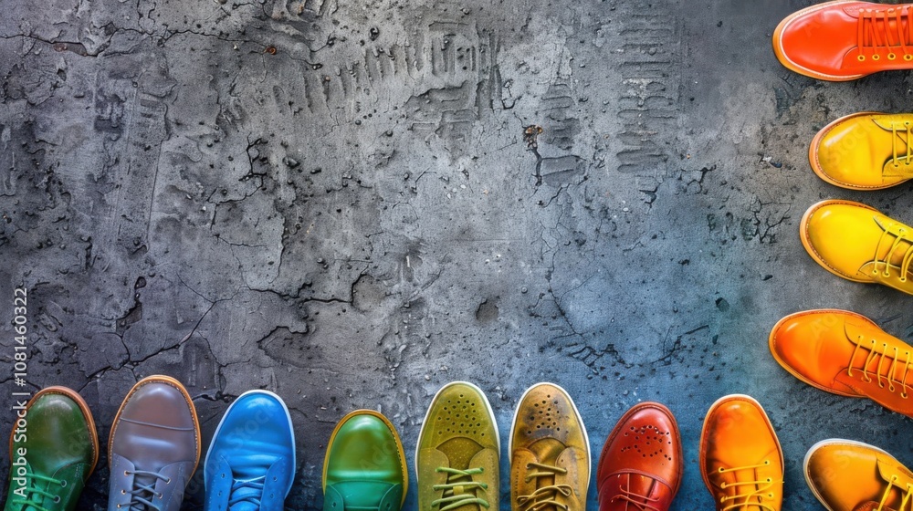 Aufkleber a conceptual image of diverse footsteps in various colors converging towards a common point on a sim