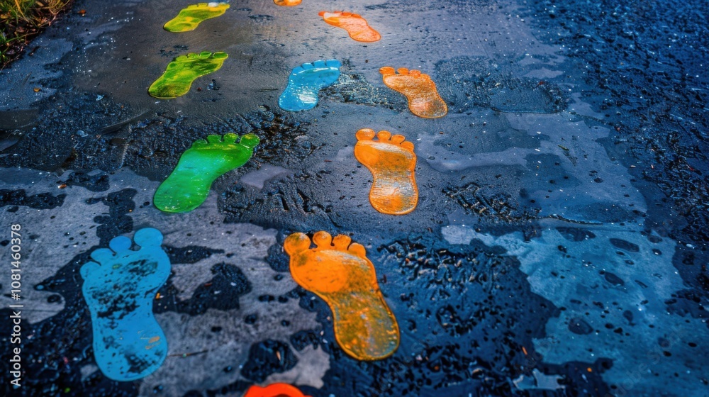Aufkleber a conceptual image of diverse footsteps in various colors converging towards a common point on a sim